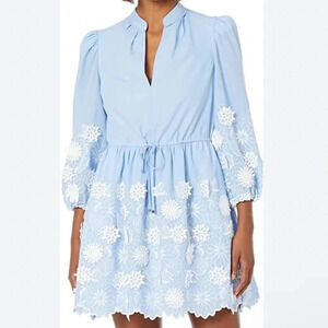 NWT Milly Elise 3D Floral Embroidered Dress Split Neck Chambray Dress Size 6